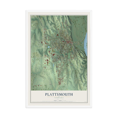 Map of Plattsmouth, Nebraska, 12 x 18 inch print in a white wood frame