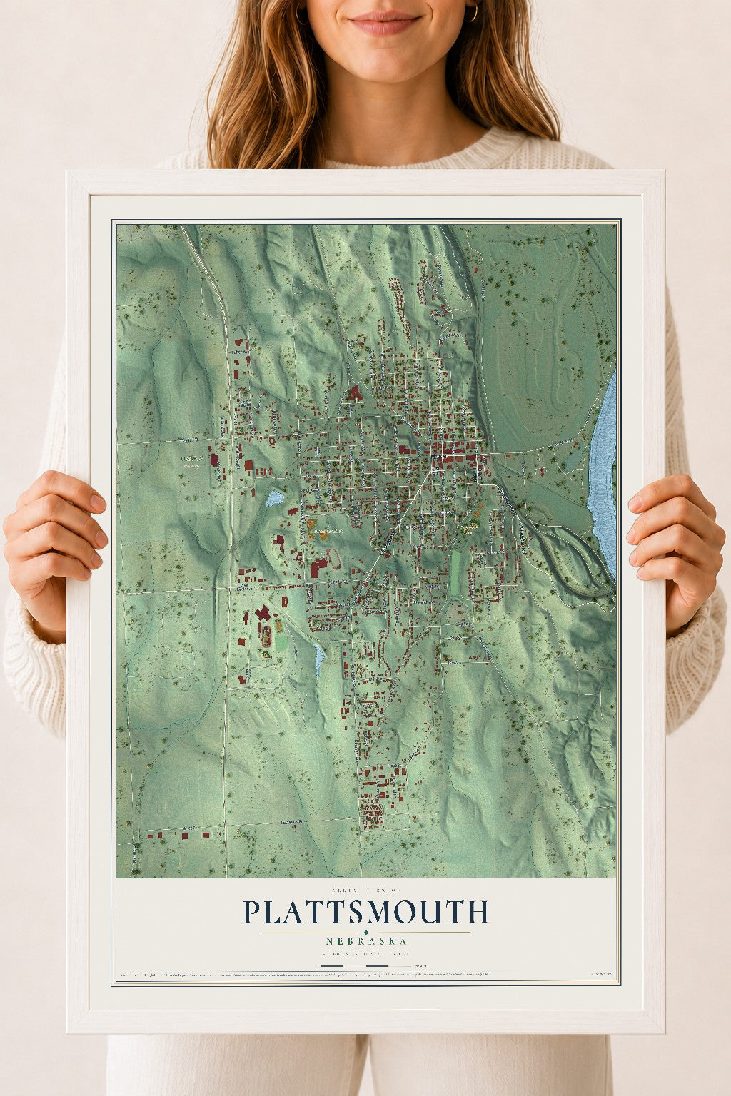 Map of Plattsmouth, Nebraska, 18 x 24 inch print in a white wood frame