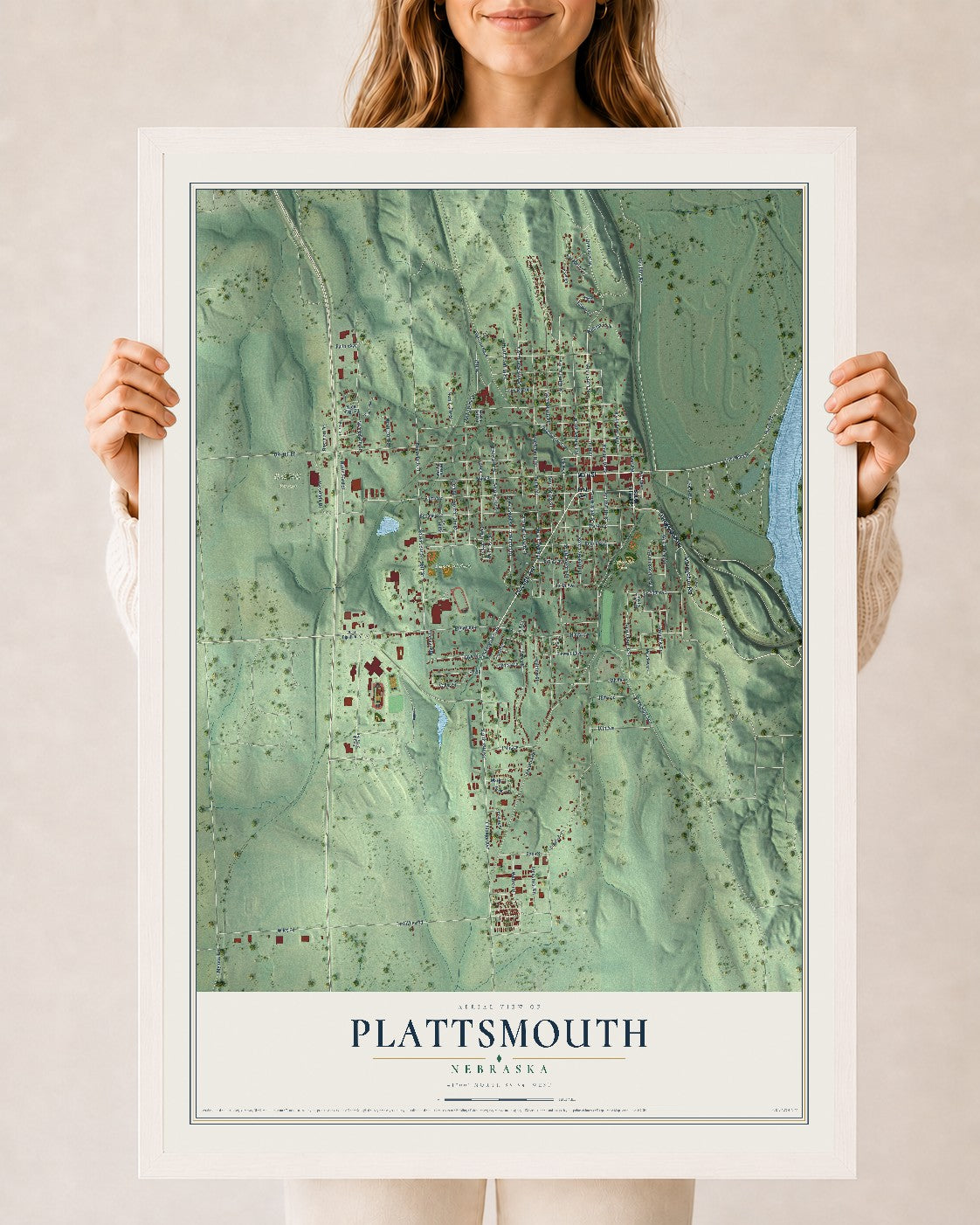 Map of Plattsmouth, Nebraska, 24 x 36 inch print in a white wood frame