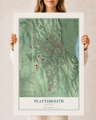 Map of Plattsmouth, Nebraska, 24 x 36 inch print in a white wood frame