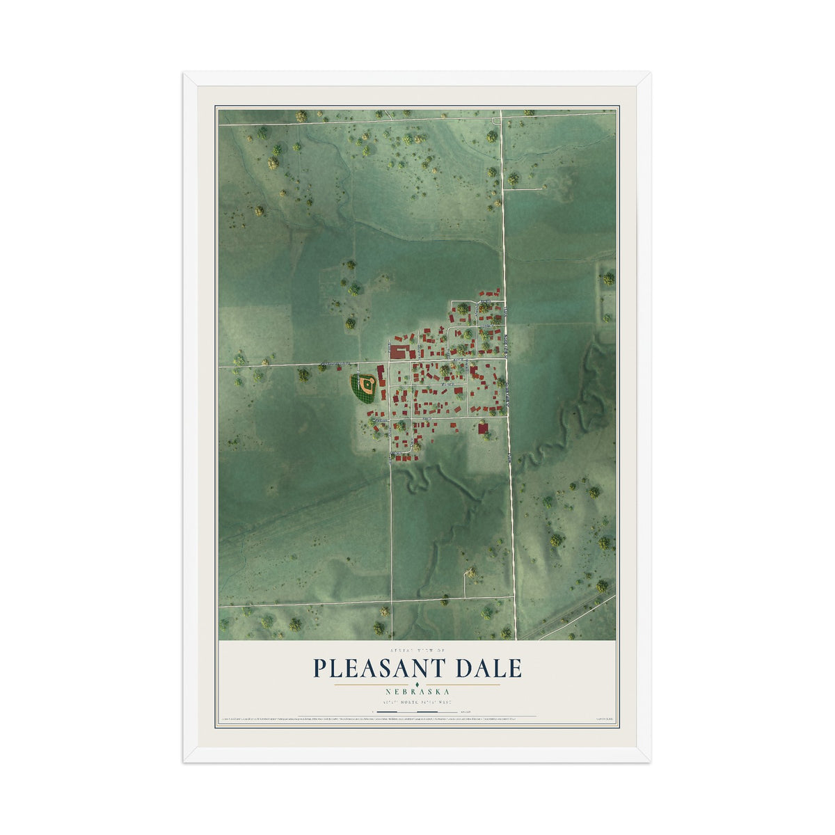 Map of Pleasant Dale, Nebraska, 12 x 18 inch print in a white wood frame