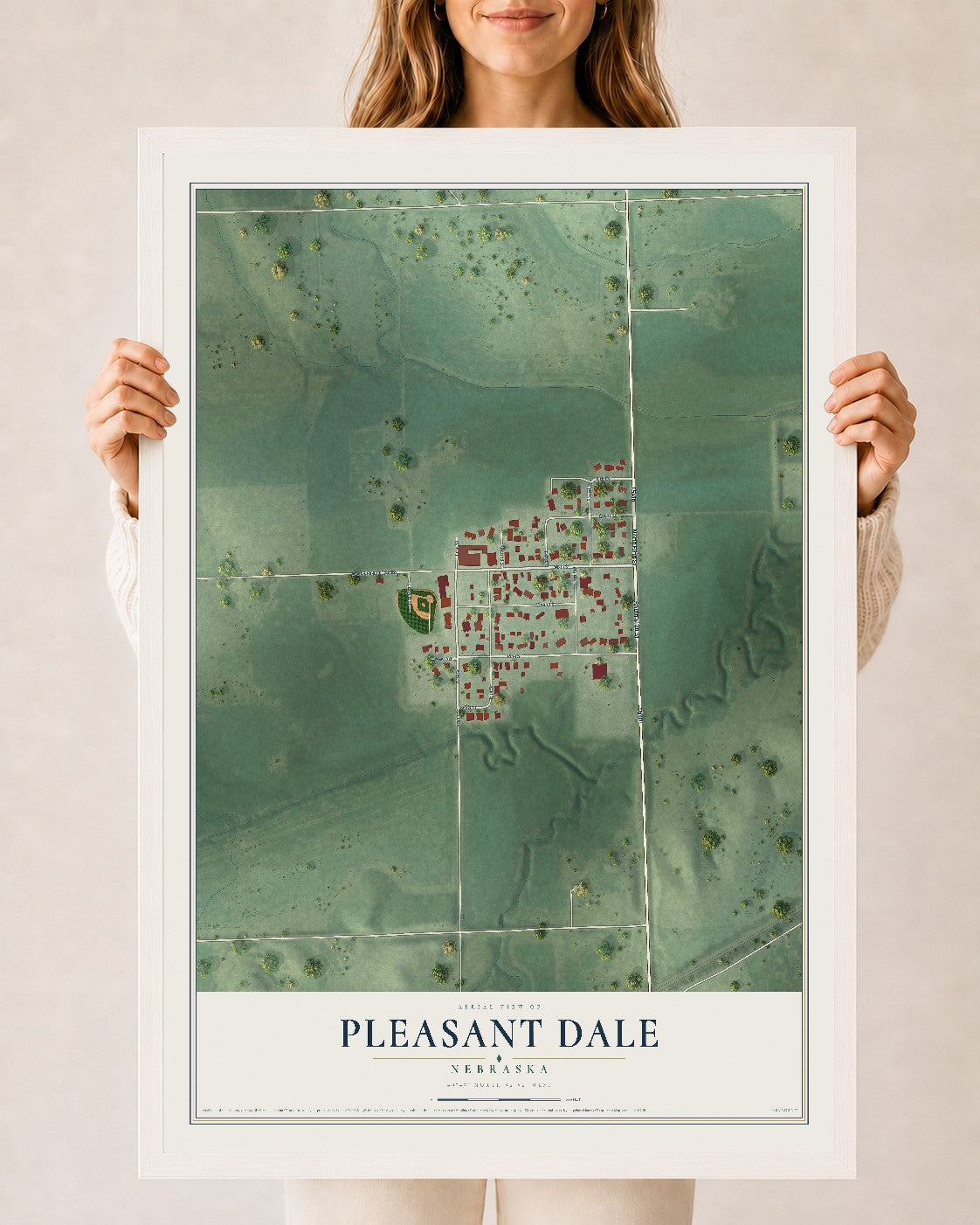 Map of Pleasant Dale, Nebraska, 24 x 36 inch print in a white wood frame