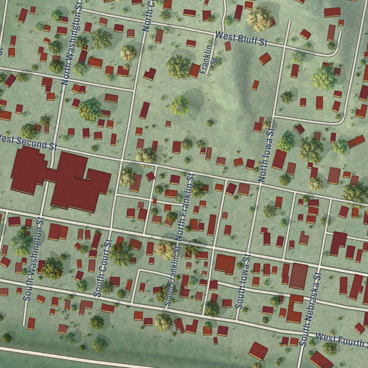 Close-up of the map of Ponca, Nebraska print showing street and building detail