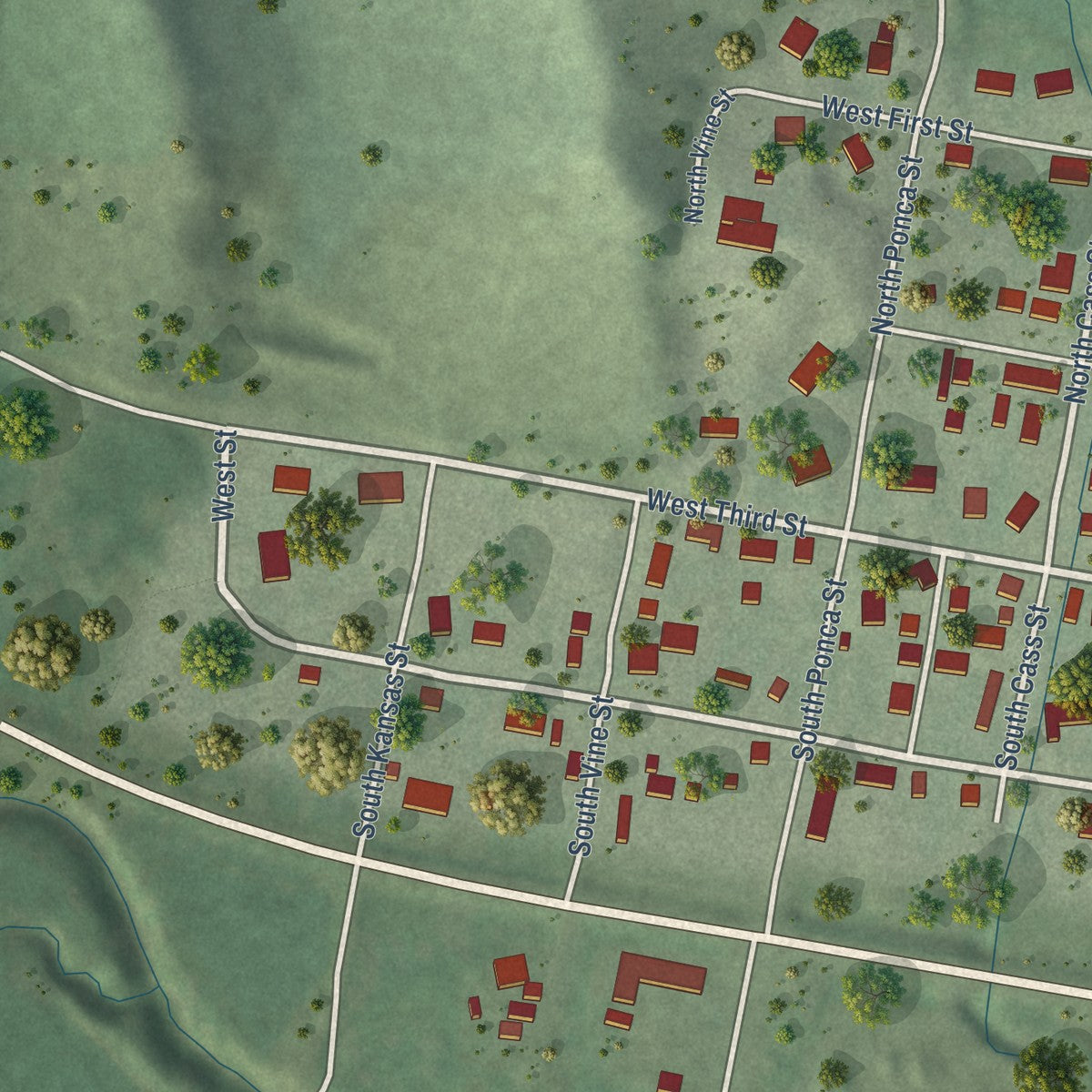 Second close-up of the map of Ponca, Nebraska print showing more streets and buildings
