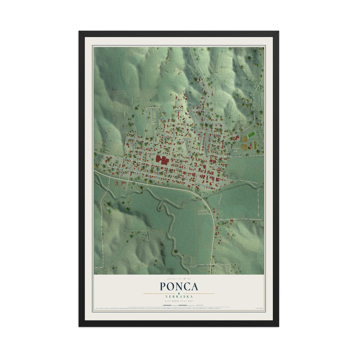 Map of Ponca, Nebraska, 12 x 18 inch print in a black wood frame