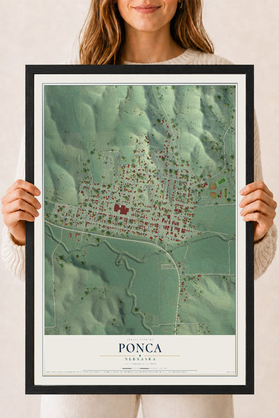 Map of Ponca, Nebraska, 18 x 24 inch print in a black wood frame