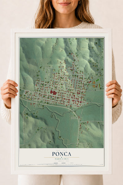 Map of Ponca, Nebraska, 18 x 24 inch print in a white wood frame