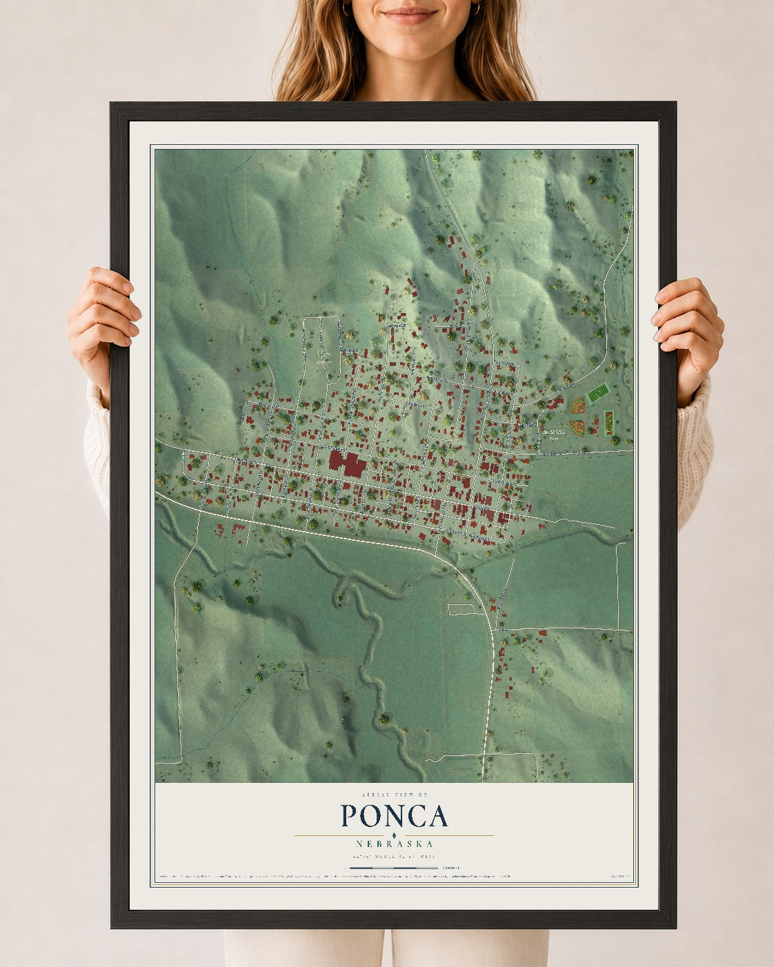 Map of Ponca, Nebraska, 24 x 36 inch print in a black wood frame