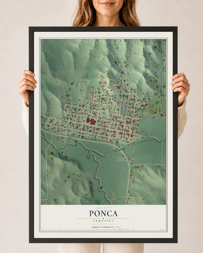 Map of Ponca, Nebraska, 24 x 36 inch print in a black wood frame