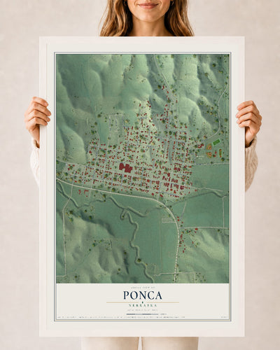 Map of Ponca, Nebraska, 24 x 36 inch print in a white wood frame