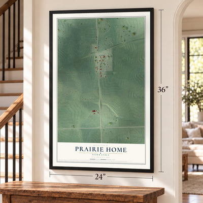 Prairie Home, Nebraska map, 24 x 36 inch print in a black frame by a staircase