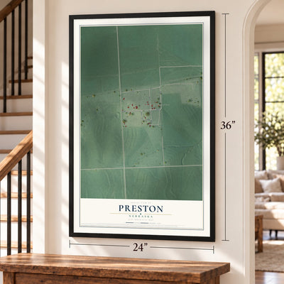 Preston, Nebraska map, 24 x 36 inch print in a black frame by a staircase