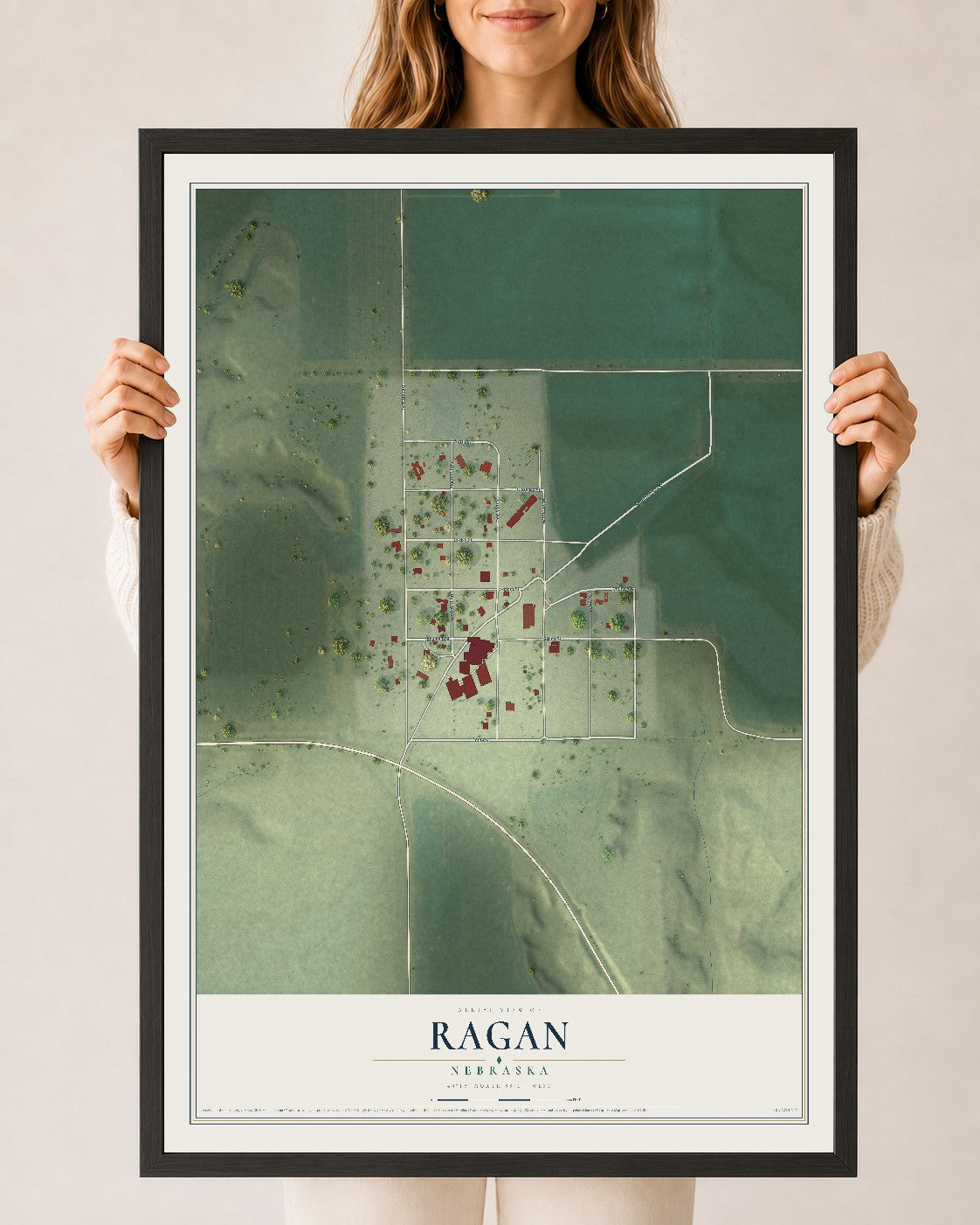 Map of Ragan, Nebraska, 24 x 36 inch print in a black wood frame