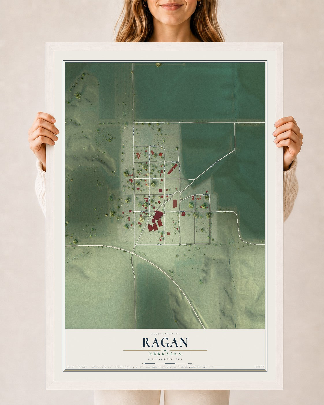 Map of Ragan, Nebraska, 24 x 36 inch print in a white wood frame