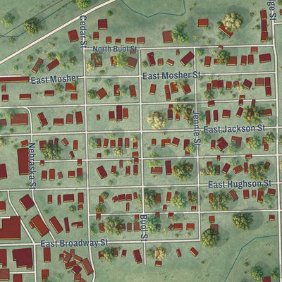 Close-up of the map of Randolph, Nebraska print showing street and building detail