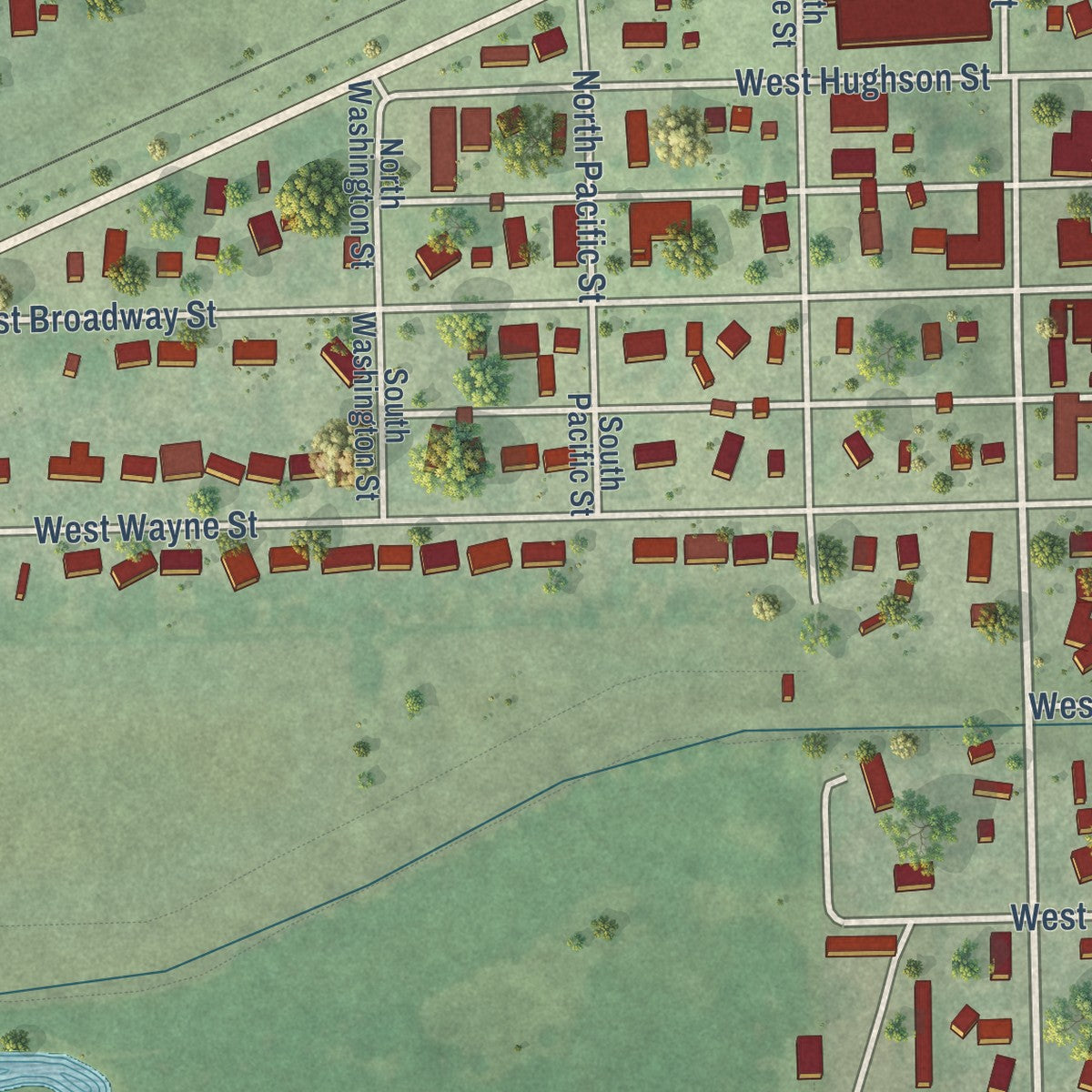 Second close-up of the map of Randolph, Nebraska print showing more streets and buildings