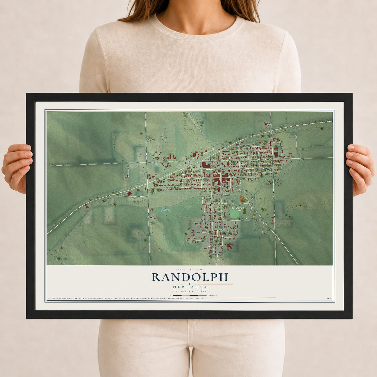 Map of Randolph, Nebraska, 12 x 18 inch print in a black wood frame
