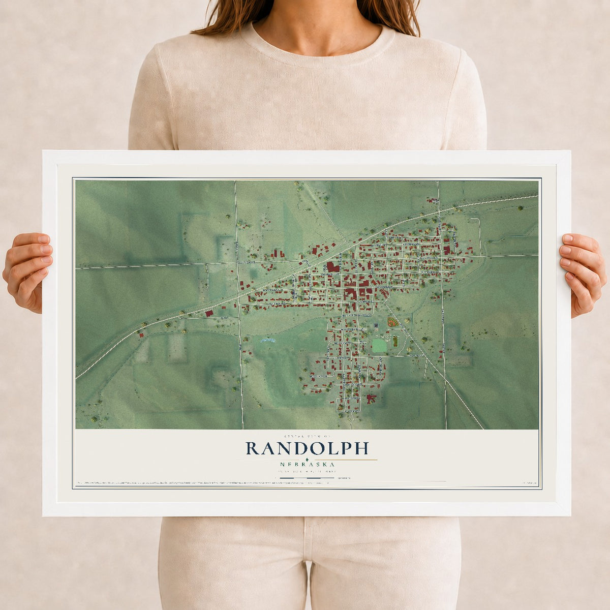 Map of Randolph, Nebraska, 12 x 18 inch print in a white wood frame