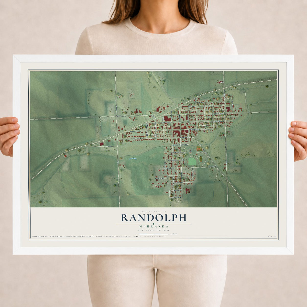Map of Randolph, Nebraska, 18 x 24 inch print in a white wood frame