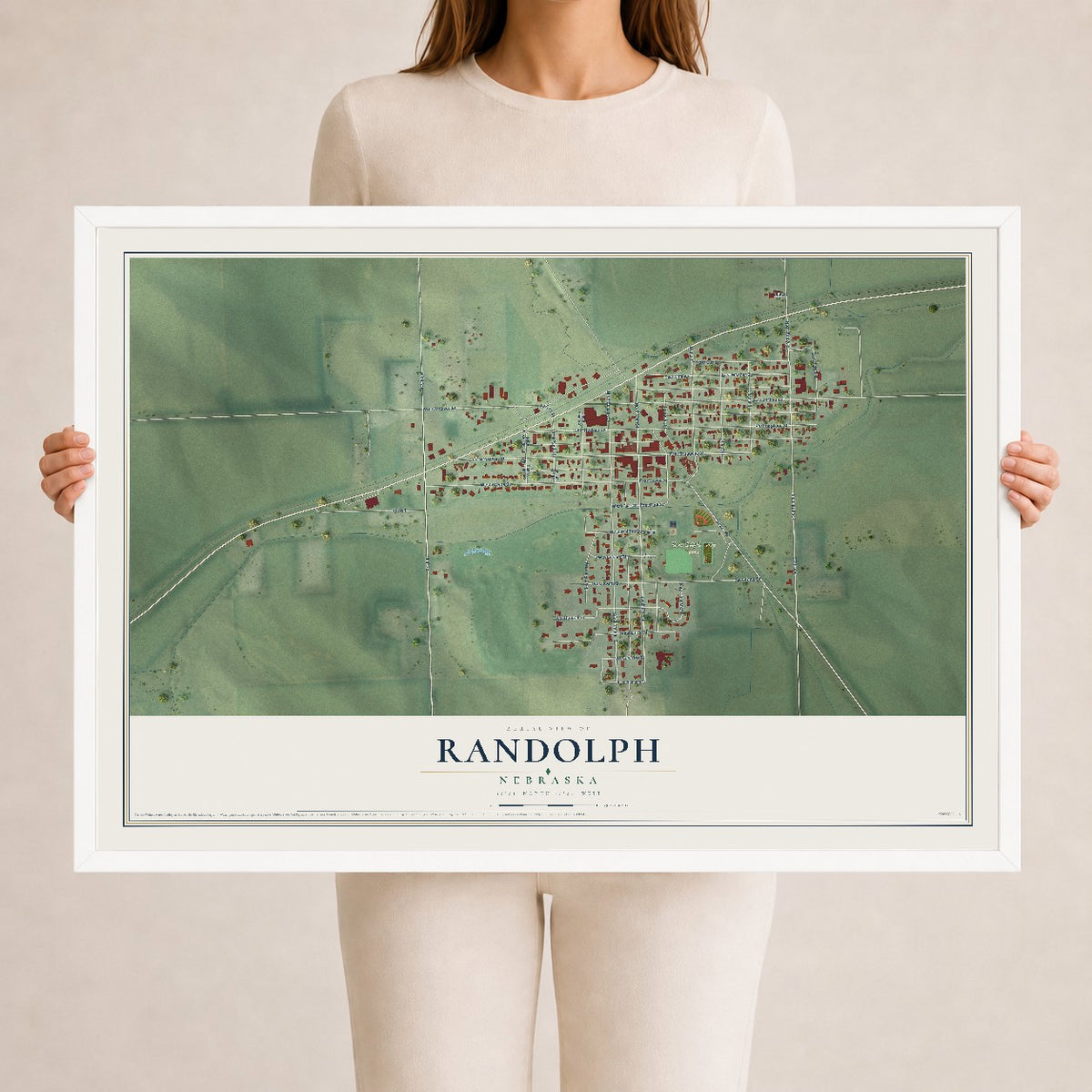 Map of Randolph, Nebraska, 24 x 36 inch print in a white wood frame