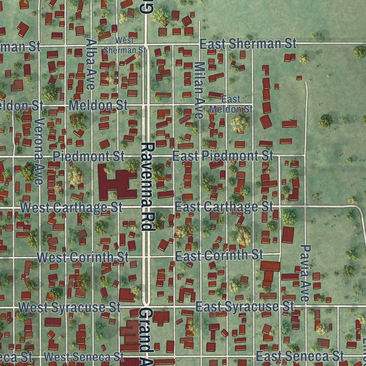 Close-up of the map of Ravenna, Nebraska print showing street and building detail