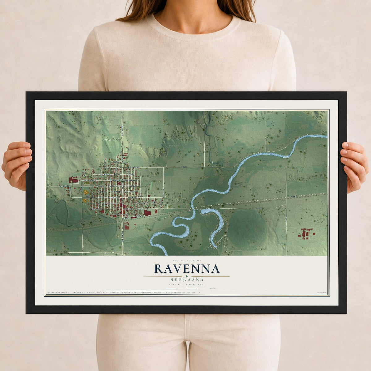 Map of Ravenna, Nebraska, 12 x 18 inch print in a black wood frame