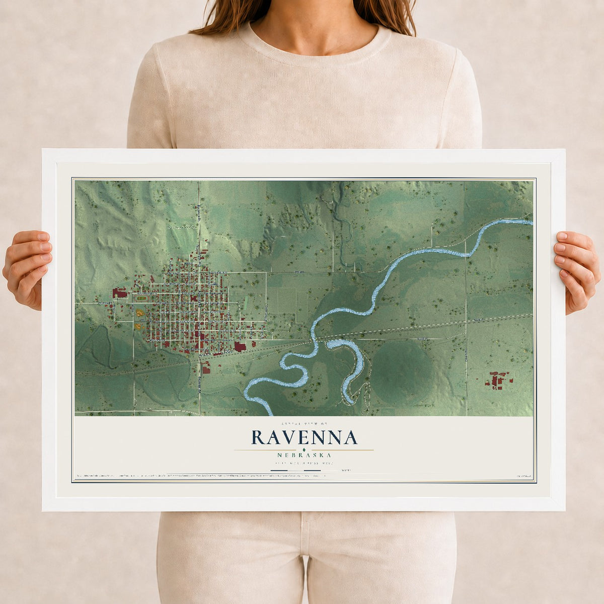 Map of Ravenna, Nebraska, 12 x 18 inch print in a white wood frame