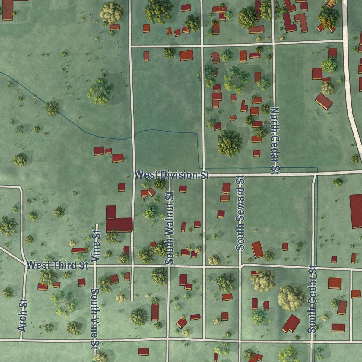 Second close-up of the map of Red Cloud, Nebraska print showing more streets and buildings