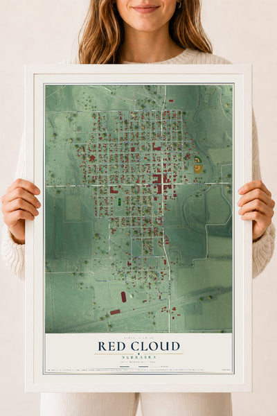 Map of Red Cloud, Nebraska, 18 x 24 inch print in a white wood frame