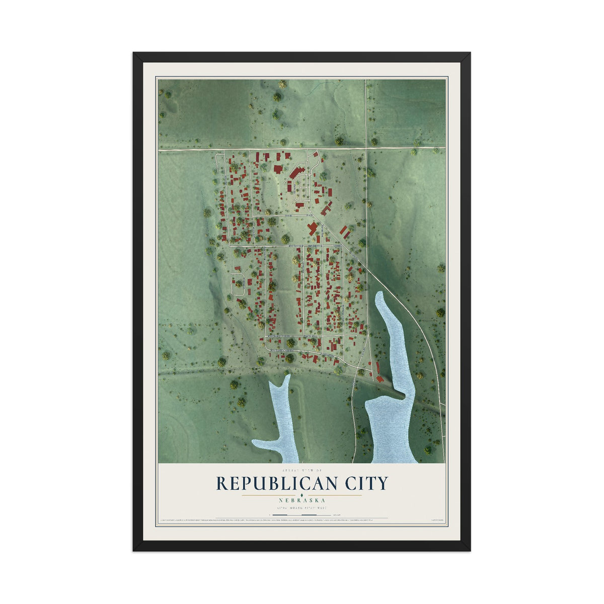 Map of Republican City, Nebraska, 12 x 18 inch print in a black wood frame