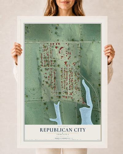 Map of Republican City, Nebraska, 24 x 36 inch print in a white wood frame