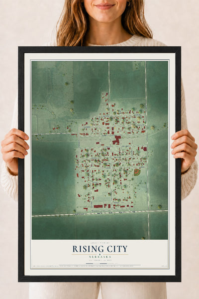 Map of Rising City, Nebraska, 18 x 24 inch print in a black wood frame