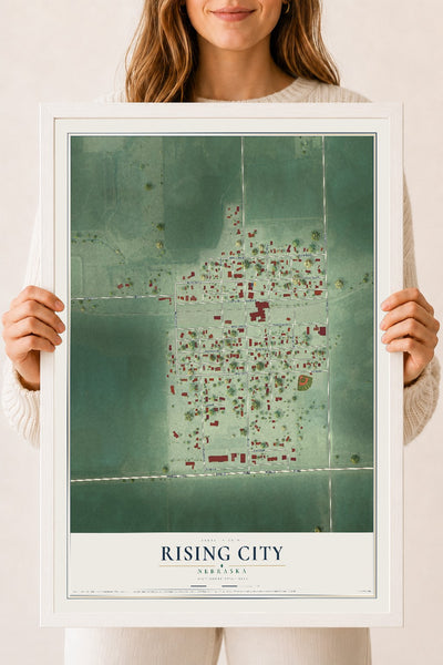 Map of Rising City, Nebraska, 18 x 24 inch print in a white wood frame