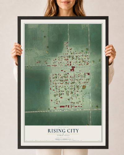 Map of Rising City, Nebraska, 24 x 36 inch print in a black wood frame