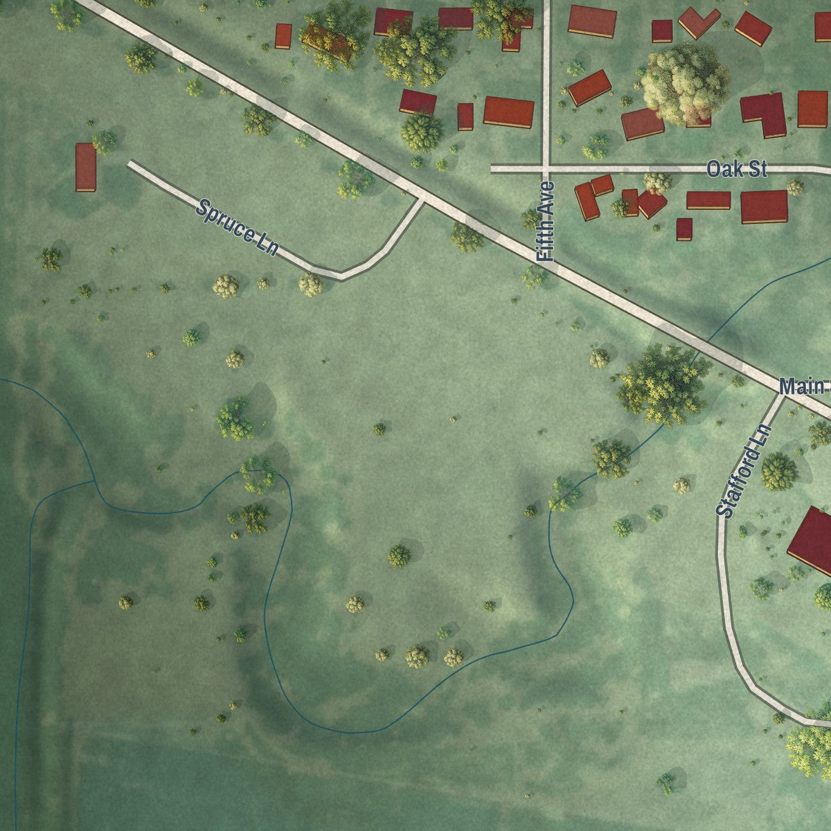 Second close-up of the map of Riverdale, Nebraska print showing more streets and buildings