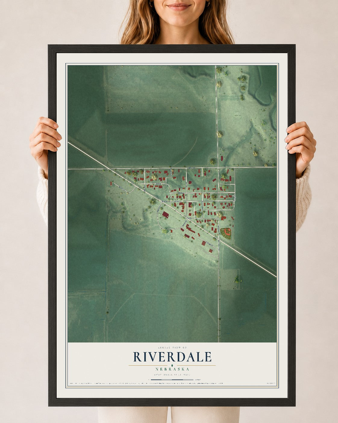 Map of Riverdale, Nebraska, 24 x 36 inch print in a black wood frame