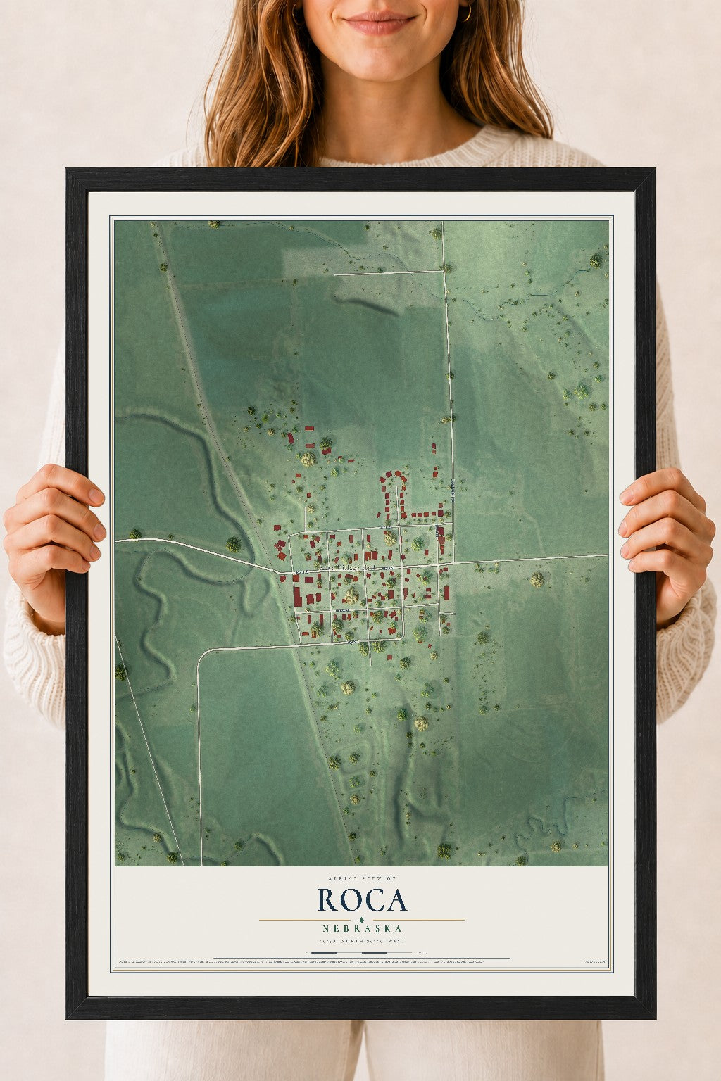 Map of Roca, Nebraska, 18 x 24 inch print in a black wood frame