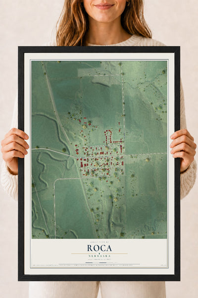 Map of Roca, Nebraska, 18 x 24 inch print in a black wood frame