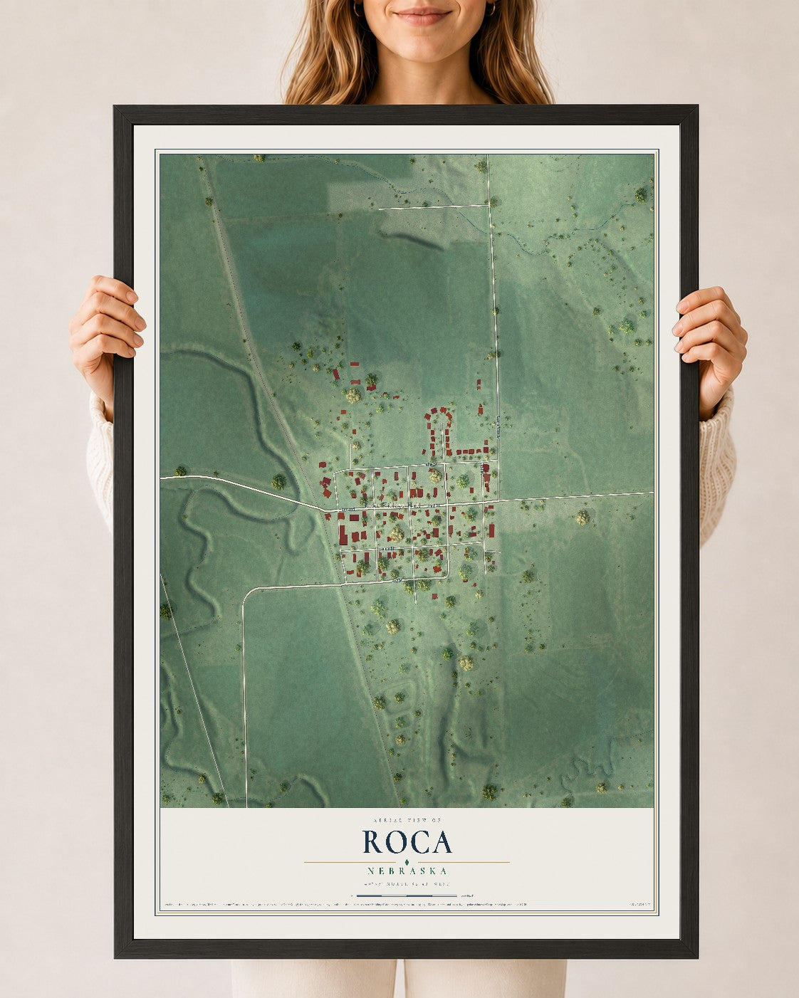 Map of Roca, Nebraska, 24 x 36 inch print in a black wood frame