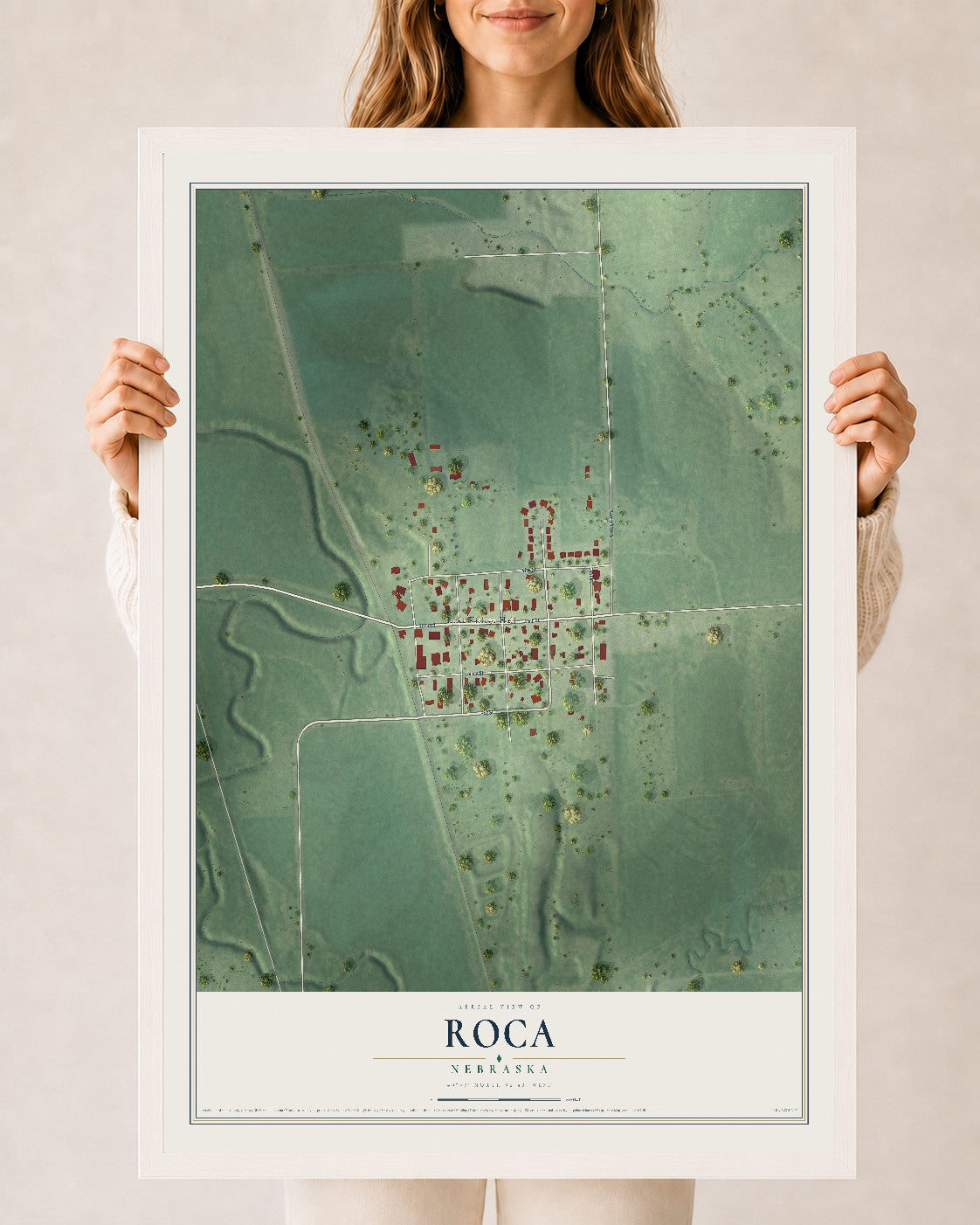 Map of Roca, Nebraska, 24 x 36 inch print in a white wood frame