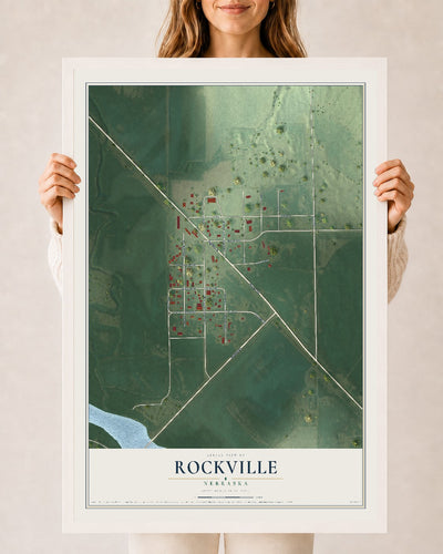 Map of Rockville, Nebraska, 24 x 36 inch print in a white wood frame