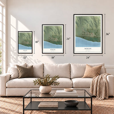 Roscoe, Nebraska map in 12 x 18, 18 x 24 and 24 x 36 inch sizes above a sofa