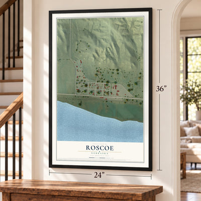 Roscoe, Nebraska map, 24 x 36 inch print in a black frame by a staircase