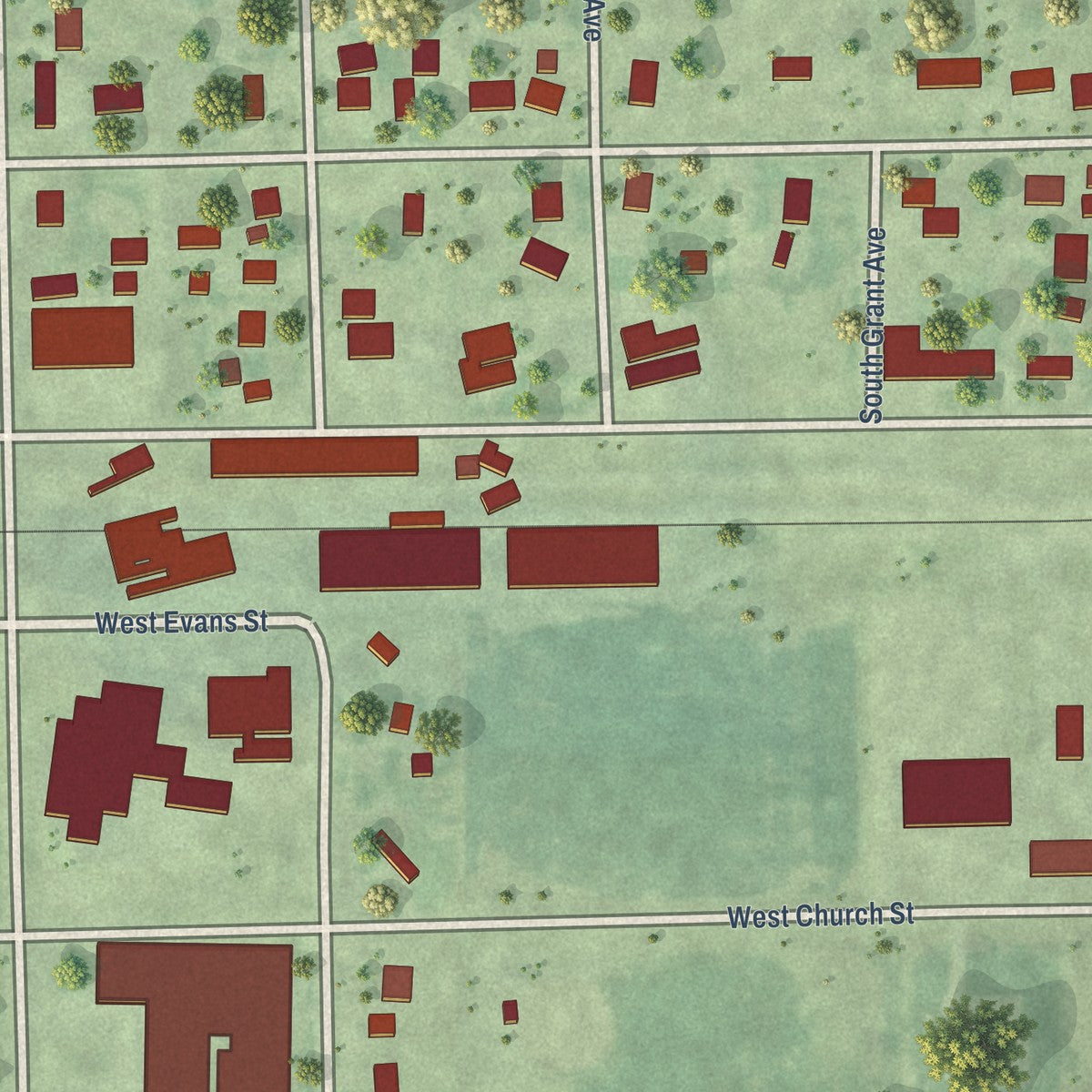 Close-up of the map of Roseland, Nebraska print showing street and building detail