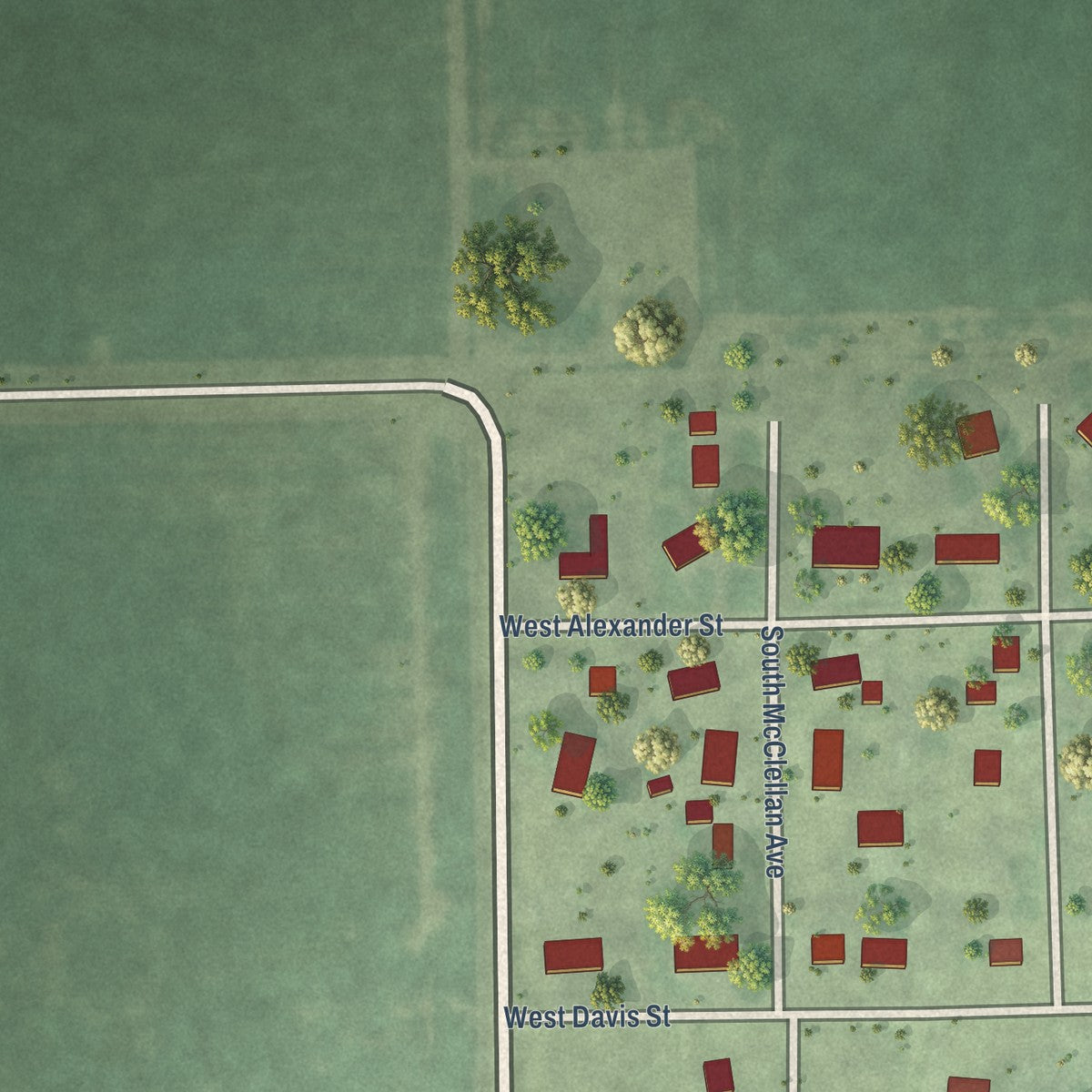 Second close-up of the map of Roseland, Nebraska print showing more streets and buildings