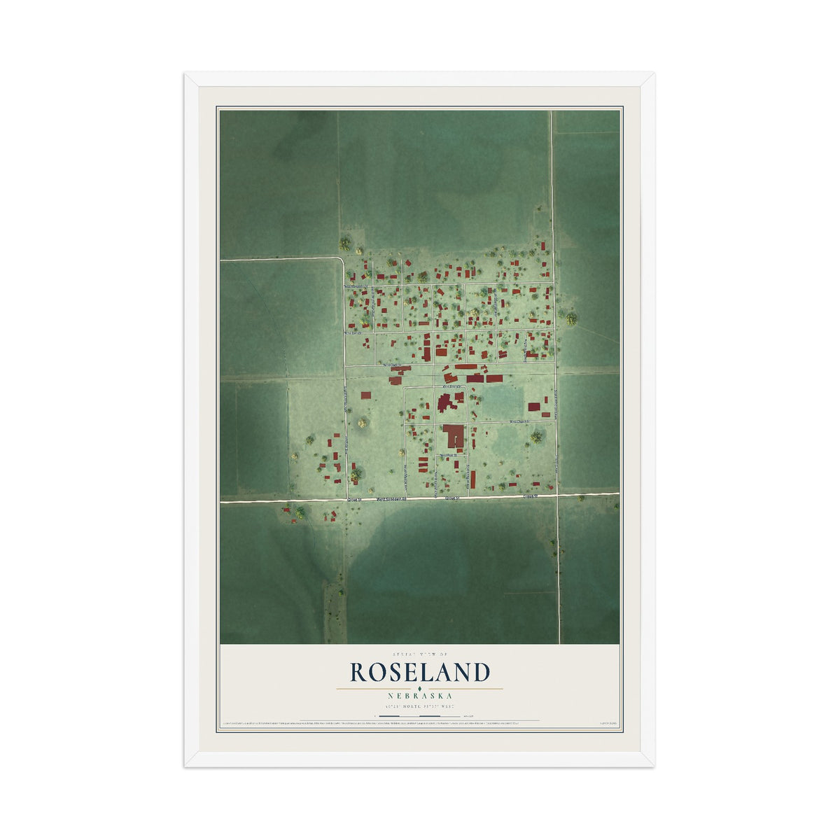 Map of Roseland, Nebraska, 12 x 18 inch print in a white wood frame