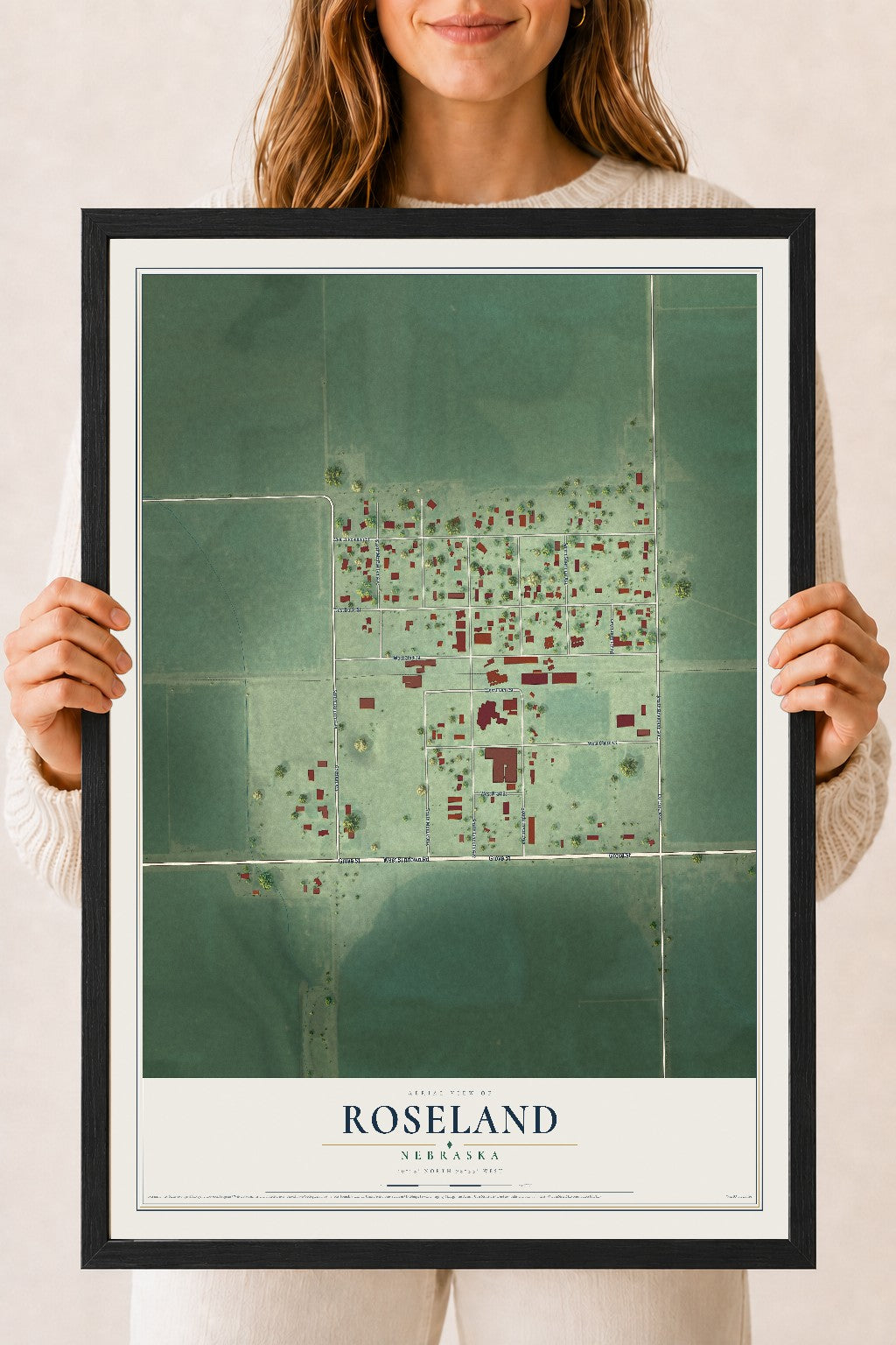 Map of Roseland, Nebraska, 18 x 24 inch print in a black wood frame