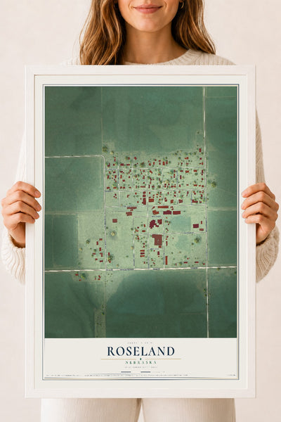 Map of Roseland, Nebraska, 18 x 24 inch print in a white wood frame