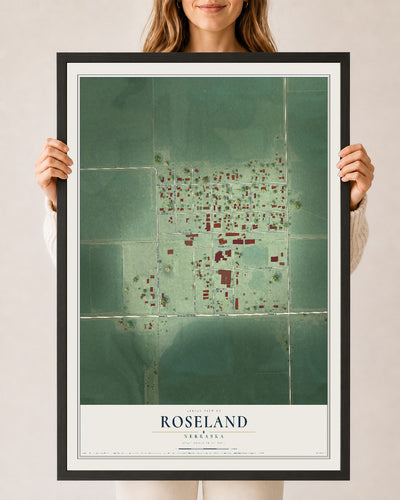 Map of Roseland, Nebraska, 24 x 36 inch print in a black wood frame