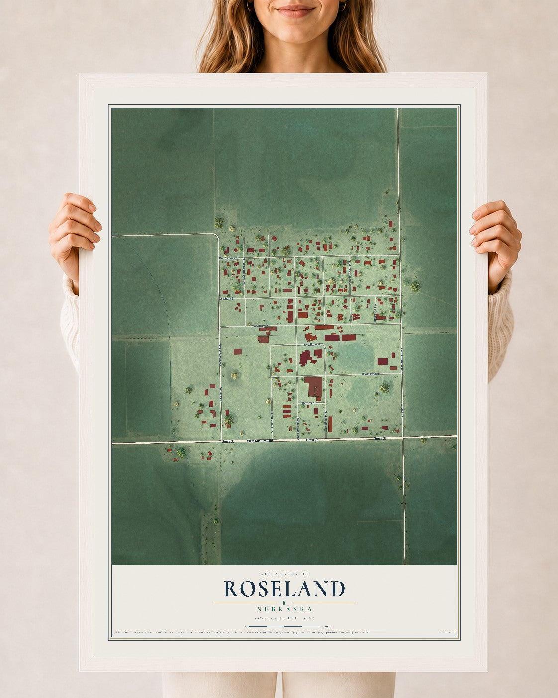 Map of Roseland, Nebraska, 24 x 36 inch print in a white wood frame